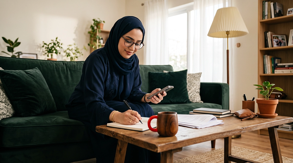 An Emirati woman relaxing at home on a green couch, actively tracking her spending plans and focusing on financial wellness.