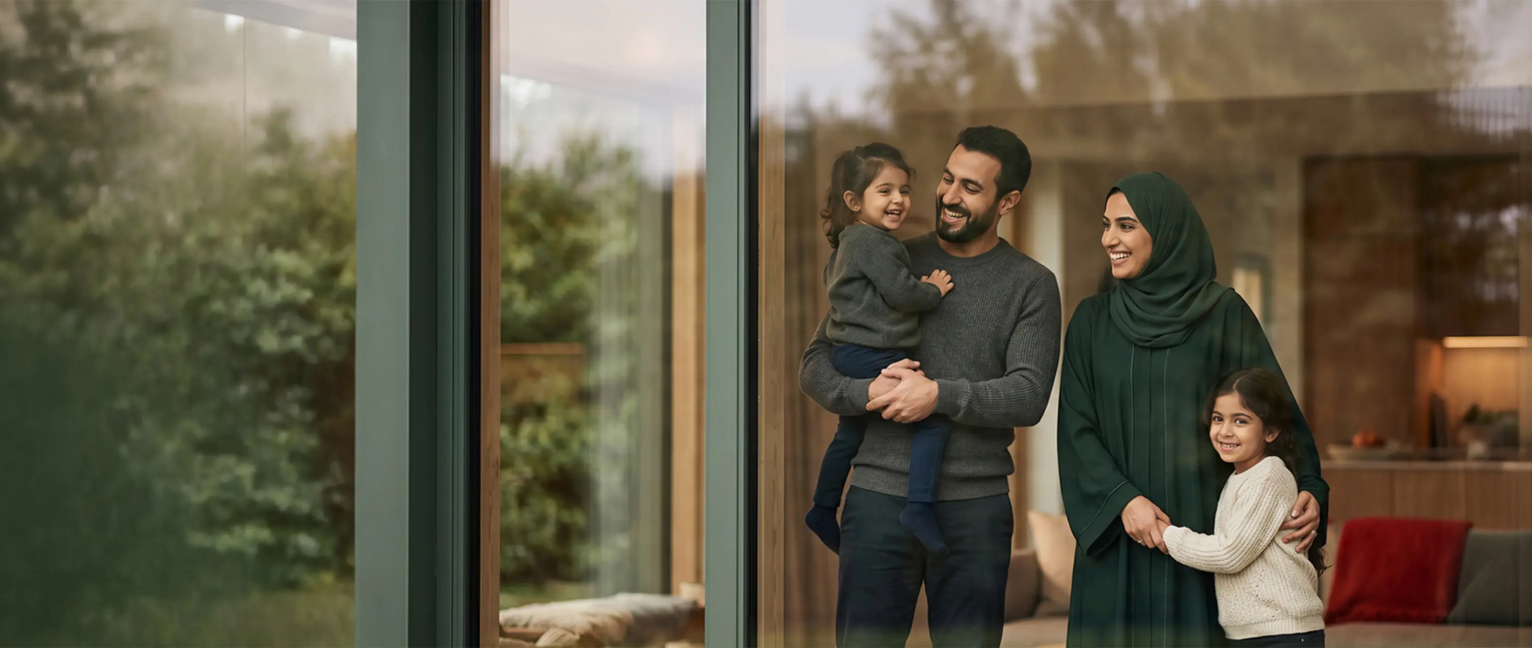 A happy family looking out the window of their home, celebrating life's big moments and financial security with National Bonds.