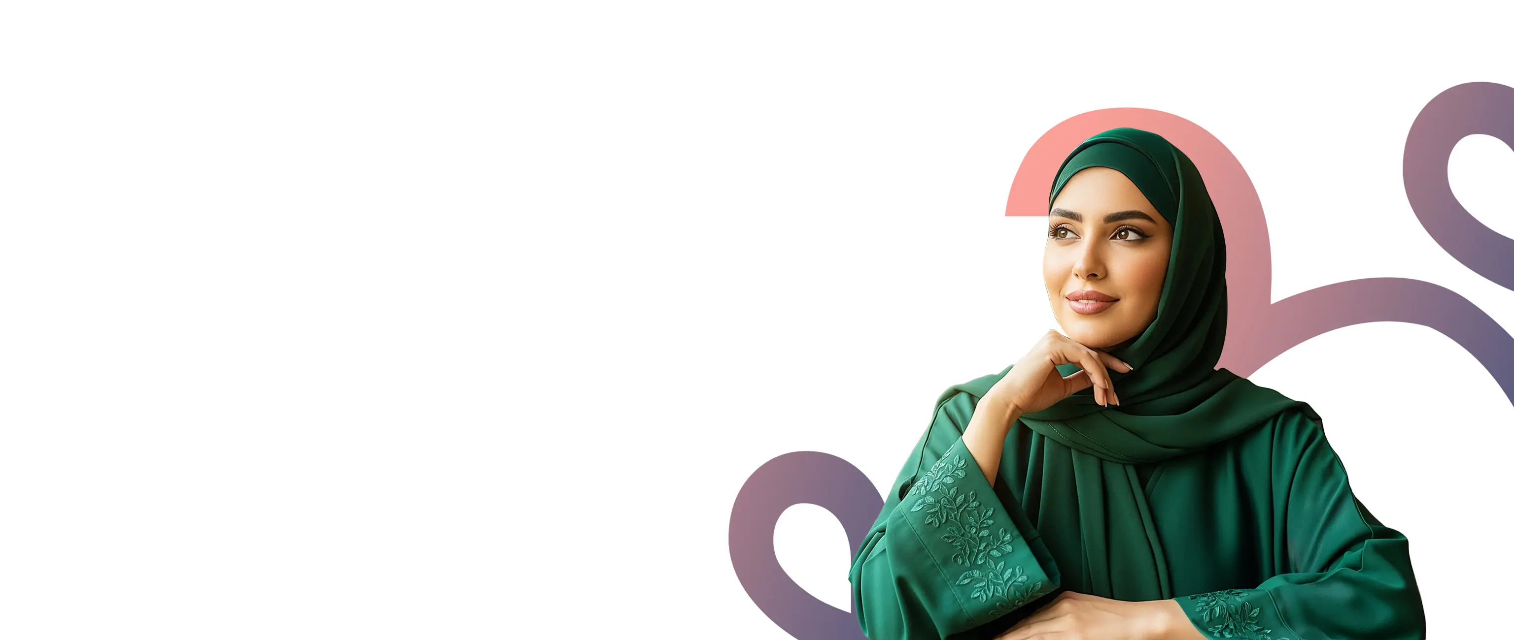 A smiling Emirati woman in a green abaya looking thoughtfully towards the future, representing the Ahed savings plan from National Bonds.