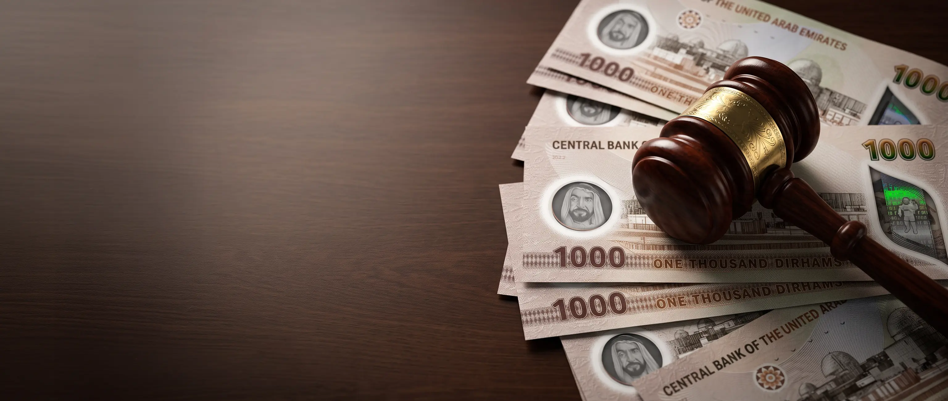 A wooden judge's gavel resting on 1000 UAE Dirham banknotes, highlighting financial regulation and Anti-Money Laundering compliance.