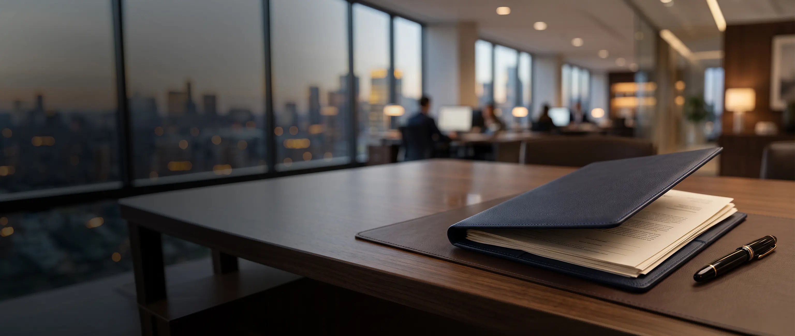 National Bonds privacy policy documents inside a blue leather folder on a modern corporate office desk.